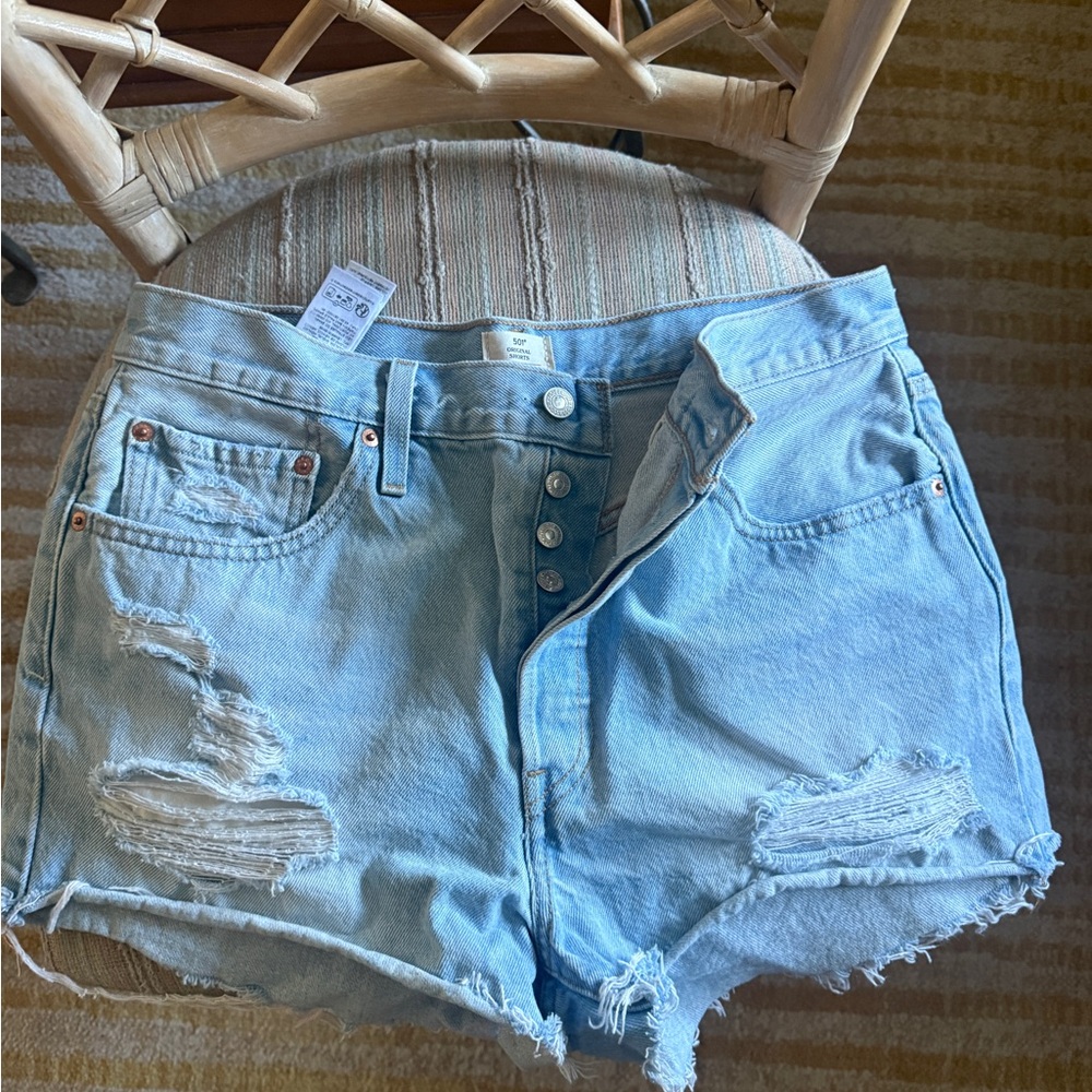 Levi's Light Blue Distressed High-Rise Denim Shorts